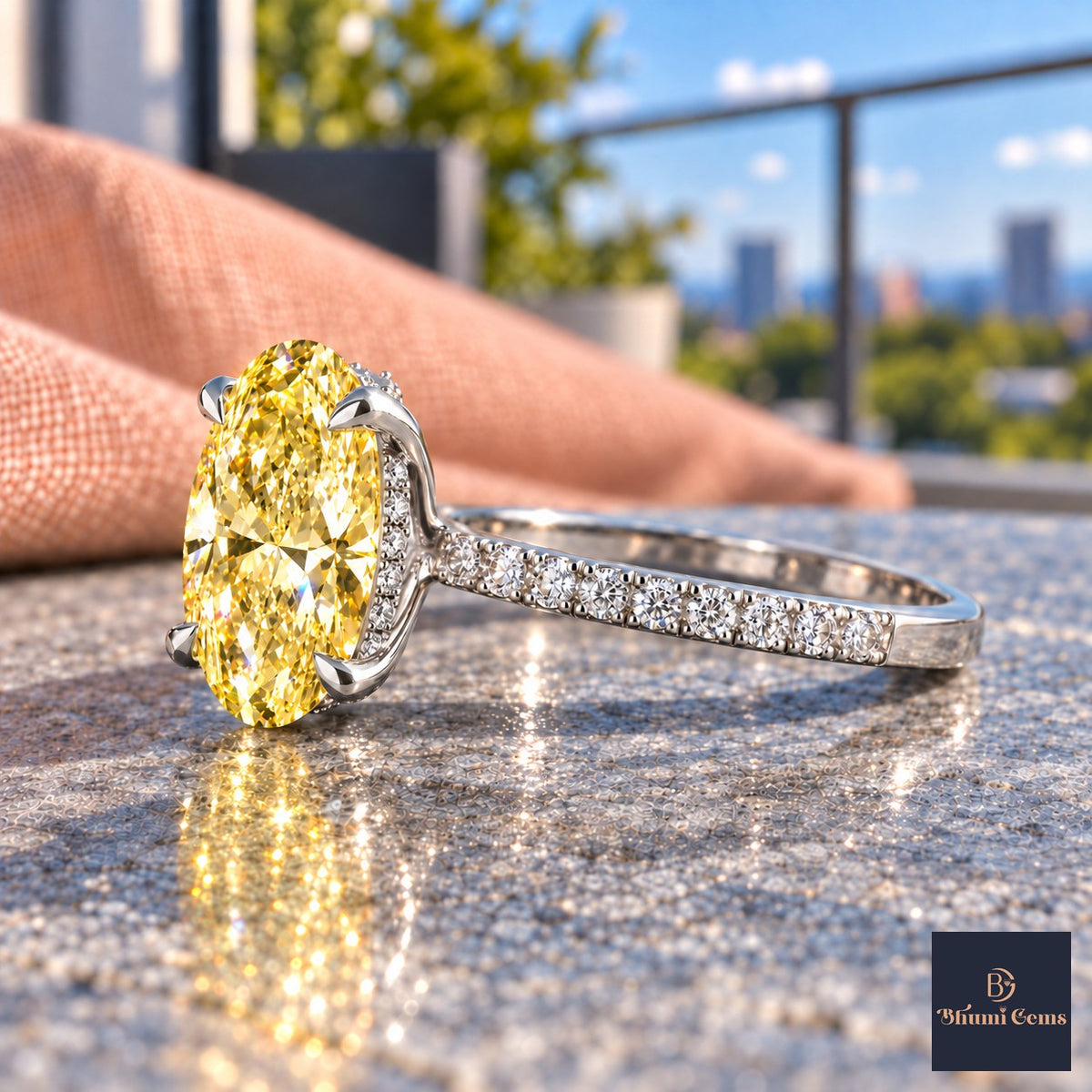 Yellow Oval Cut Lab Grown Diamond Engagement Ring - Thin Pave Band in white gold, side view
