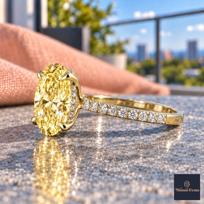 Yellow Oval Cut Lab Grown Diamond Engagement Ring - Thin Pave Band in yellow gold, side view