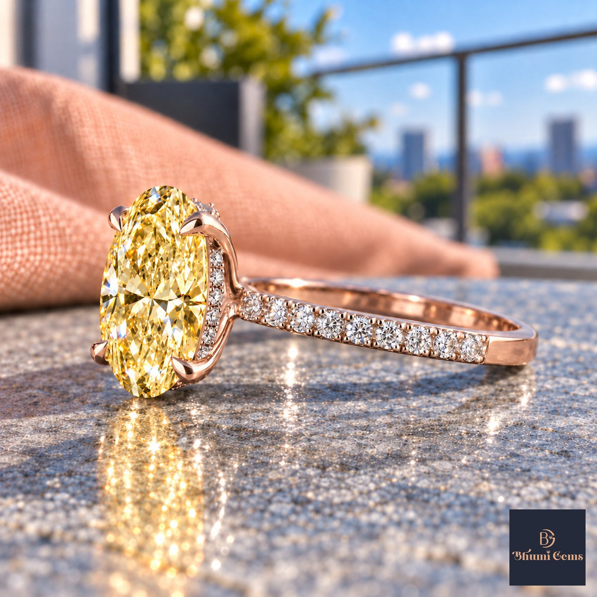 Yellow Oval Cut Lab Grown Diamond Engagement Ring - Thin Pave Band in rose gold, side view