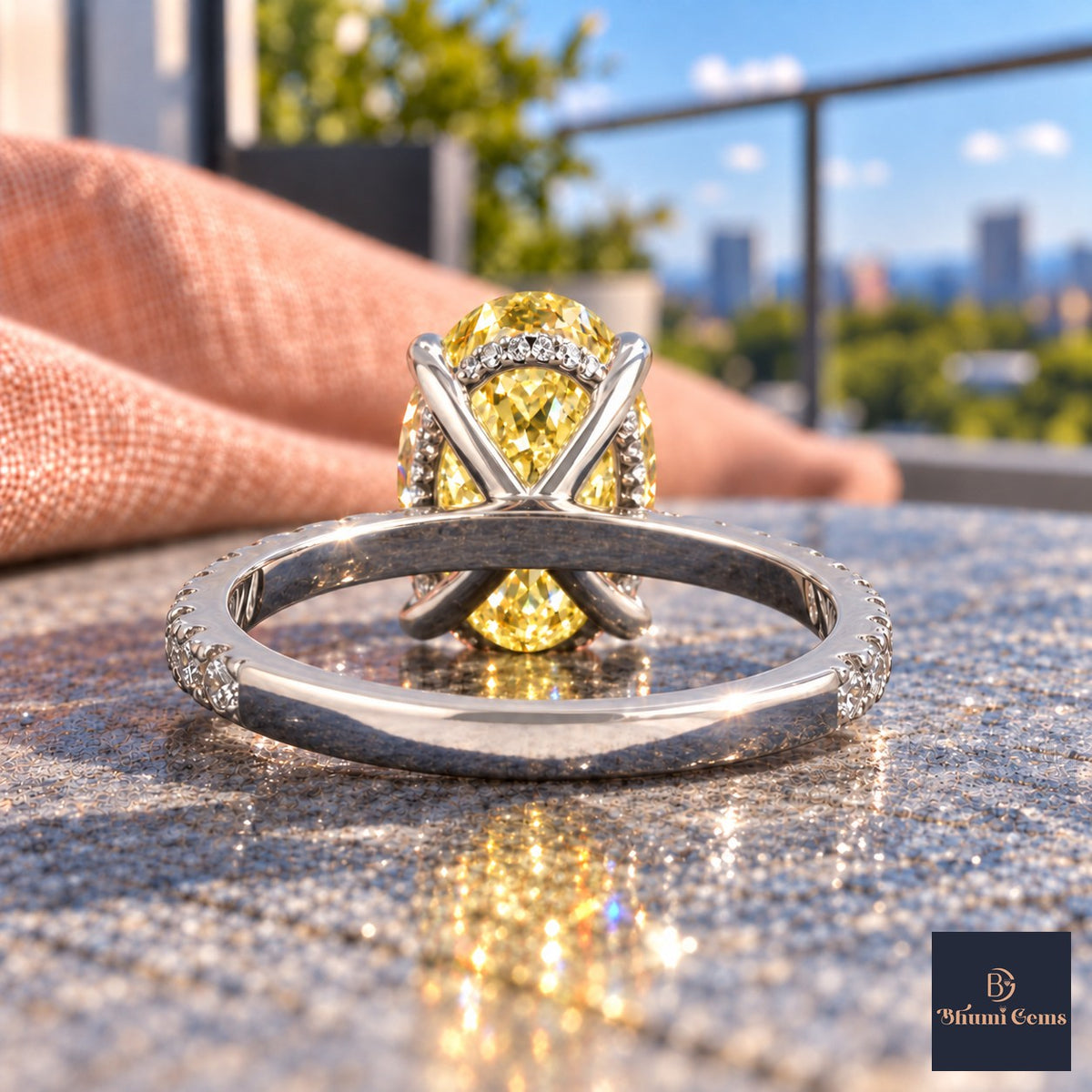 Yellow Oval Cut Lab Grown Diamond Engagement Ring - Thin Pave Band in white gold, gallery view