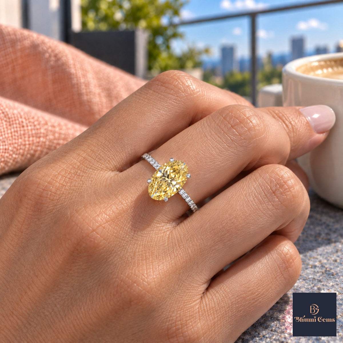 Yellow Oval Cut Lab Grown Diamond Engagement Ring - Thin Pave Band in white gold, on the hand