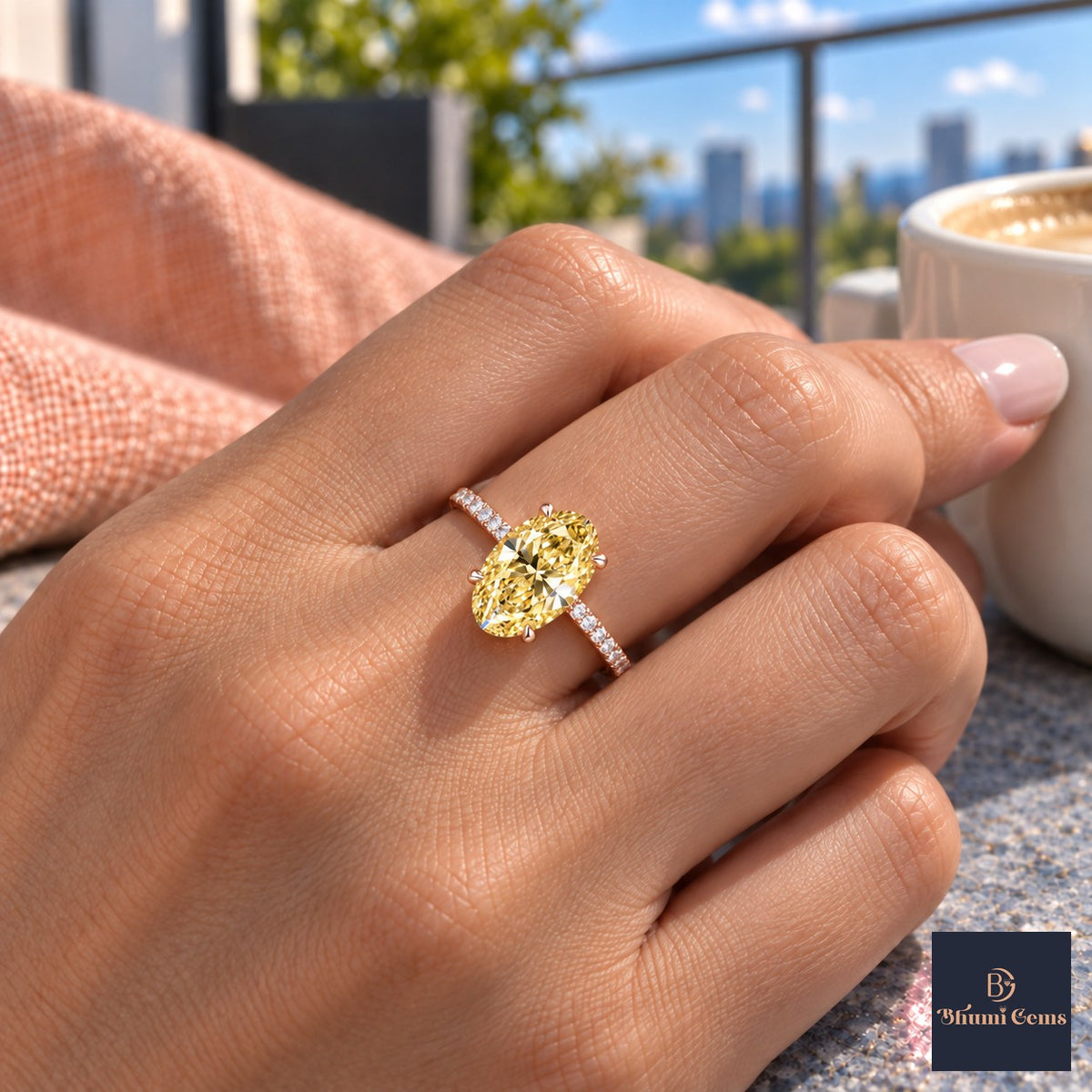 Yellow Oval Cut Lab Grown Diamond Engagement Ring - Thin Pave Band in rose gold, on the hand