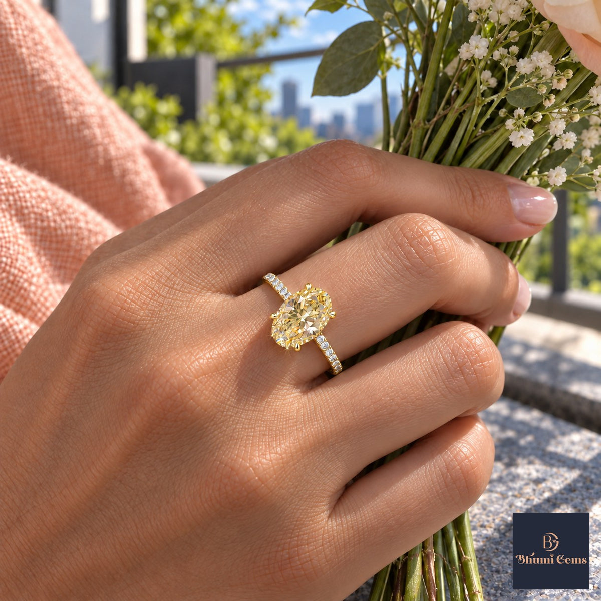 Yellow Oval Cut Lab Grown Diamond Engagement Ring - Thin Pave Band in yellow gold, worn on the hand