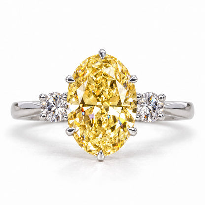 Yellow Oval Cut Lab Grown Diamond Engagement Ring - Three Stone in white gold, front view