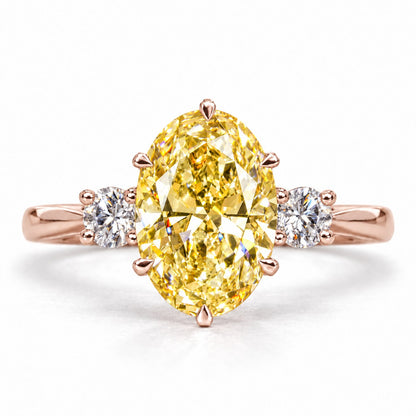 Yellow Oval Cut Lab Grown Diamond Engagement Ring - Three Stone in rose gold, front view
