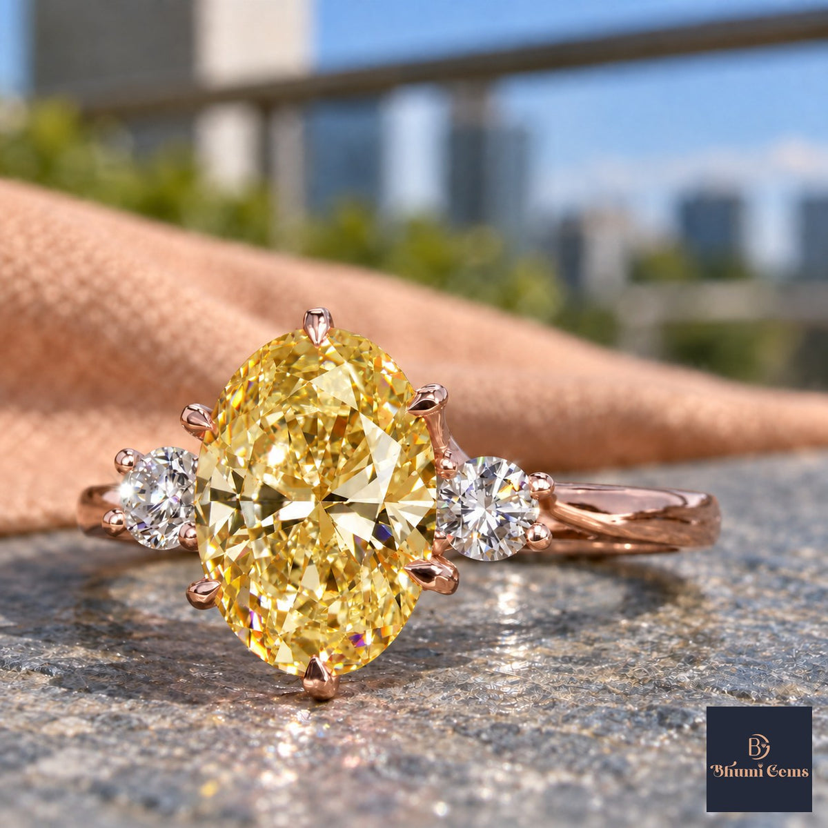 Yellow Oval Cut Lab Grown Diamond Engagement Ring - Three Stone in rose gold, close-up