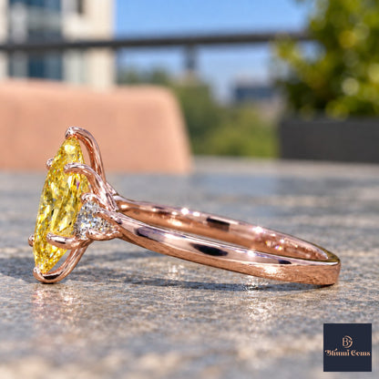 Yellow Oval Cut Lab Grown Diamond Engagement Ring - Three Stone in rose gold, side view