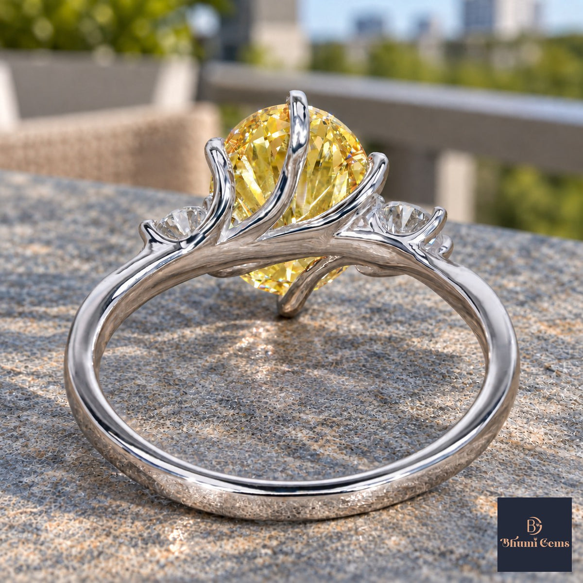Yellow Oval Cut Lab Grown Diamond Engagement Ring - Three Stone in white gold, gallery view