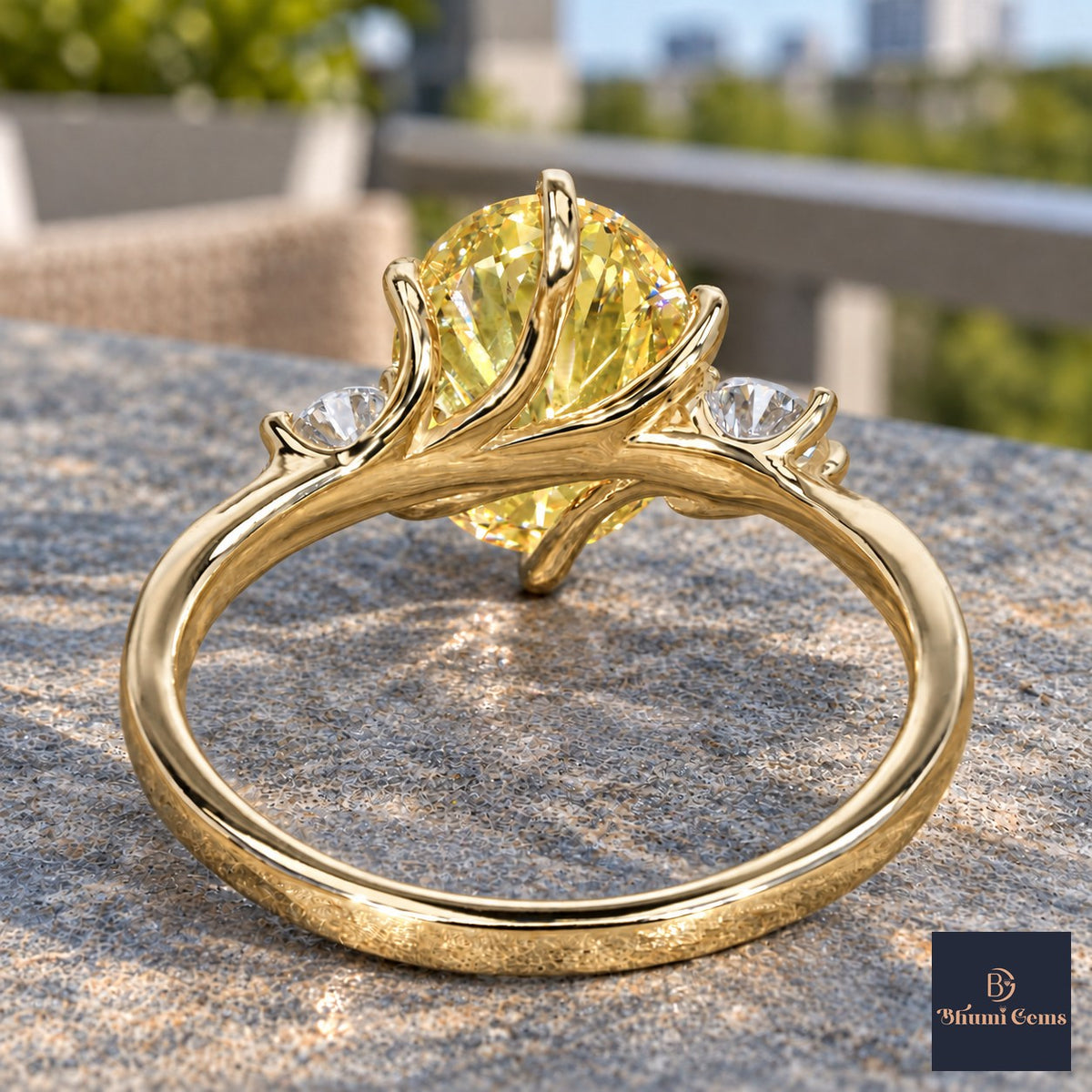Yellow Oval Cut Lab Grown Diamond Engagement Ring - Three Stone in yellow gold, gallery view