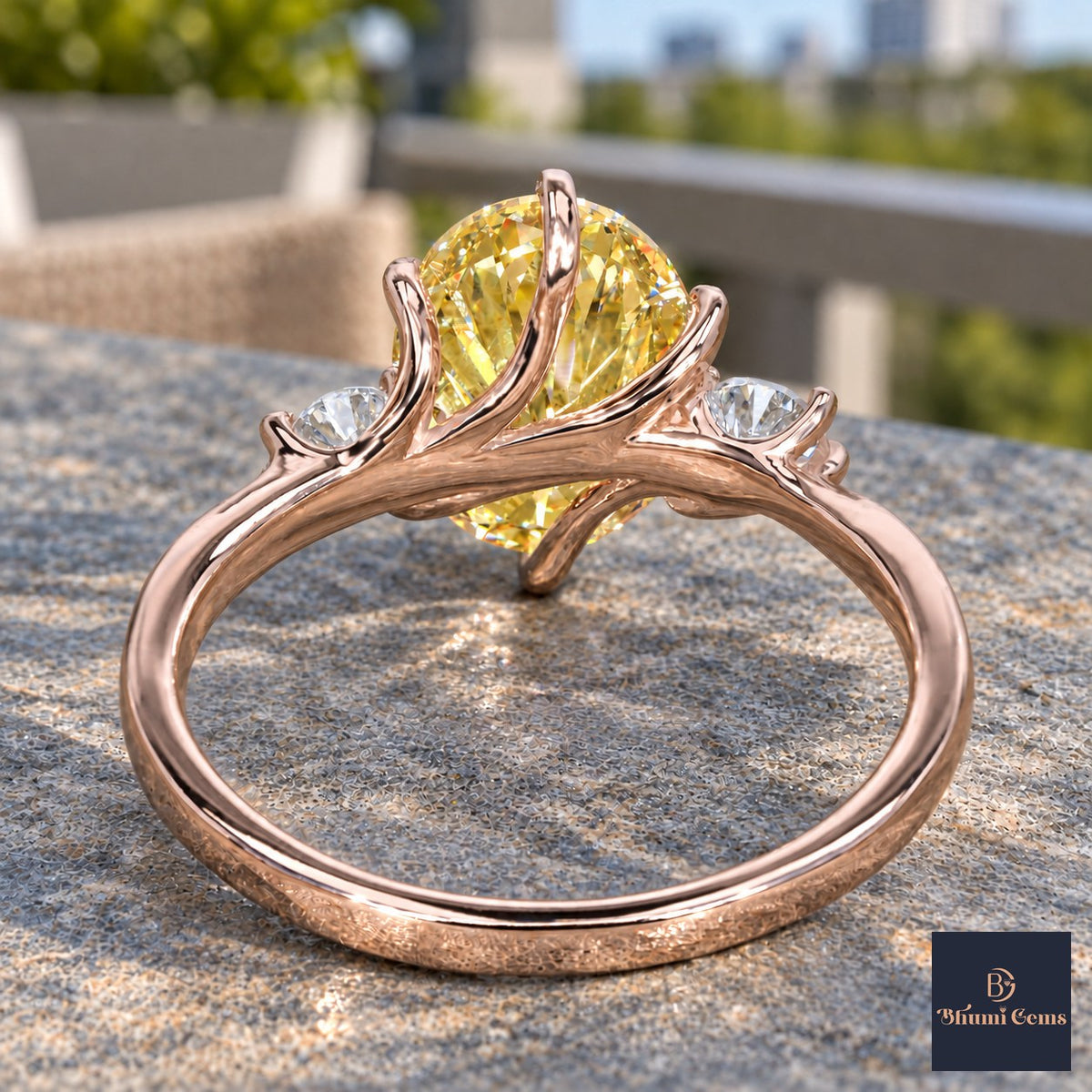 Yellow Oval Cut Lab Grown Diamond Engagement Ring - Three Stone in rose gold, gallery view