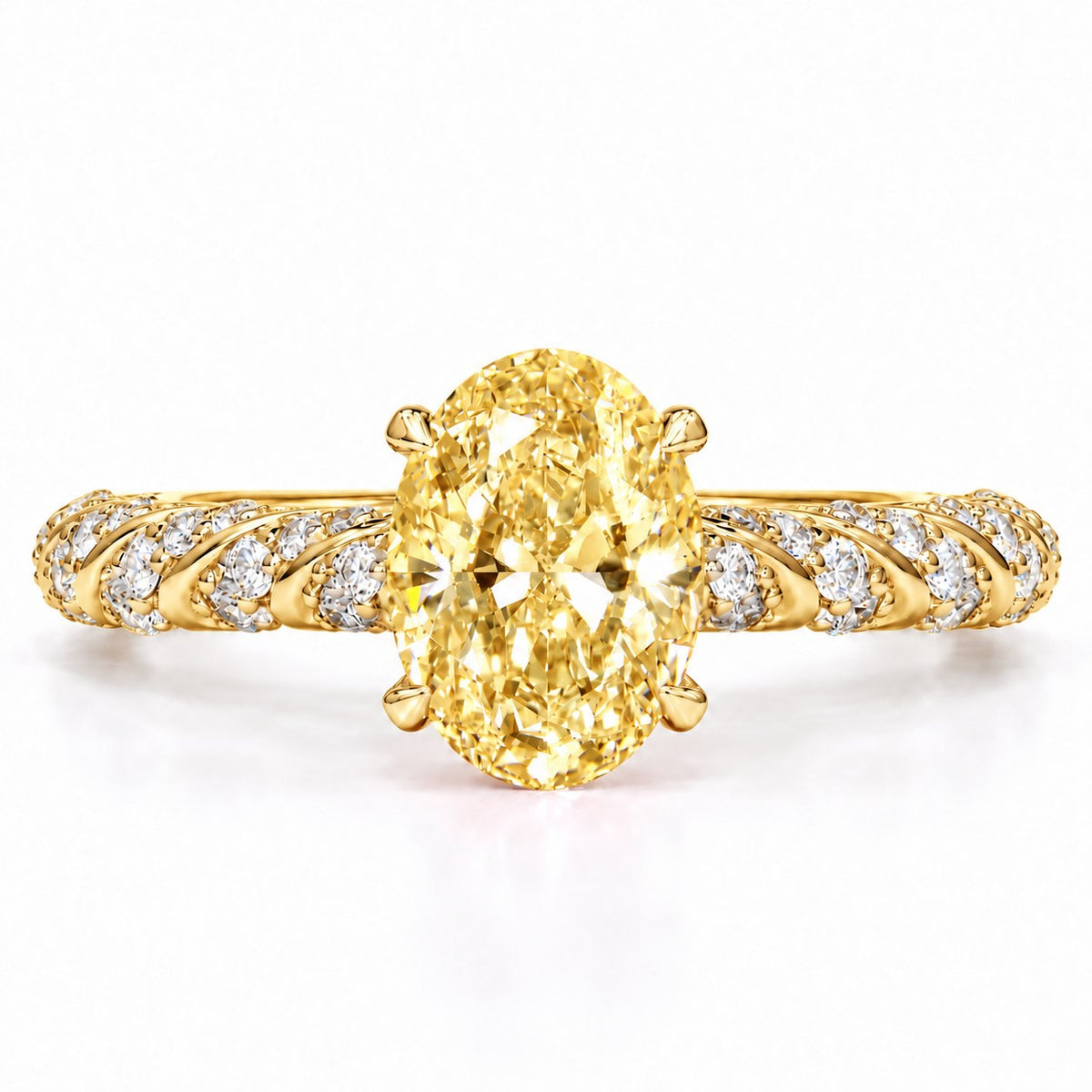 Yellow Oval Cut Lab Grown Diamond Engagement Ring - Twisted Rope Band in yellow gold, front view