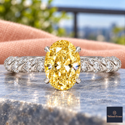 Yellow Oval Cut Lab Grown Diamond Engagement Ring - Twisted Rope Band in white gold, close-up