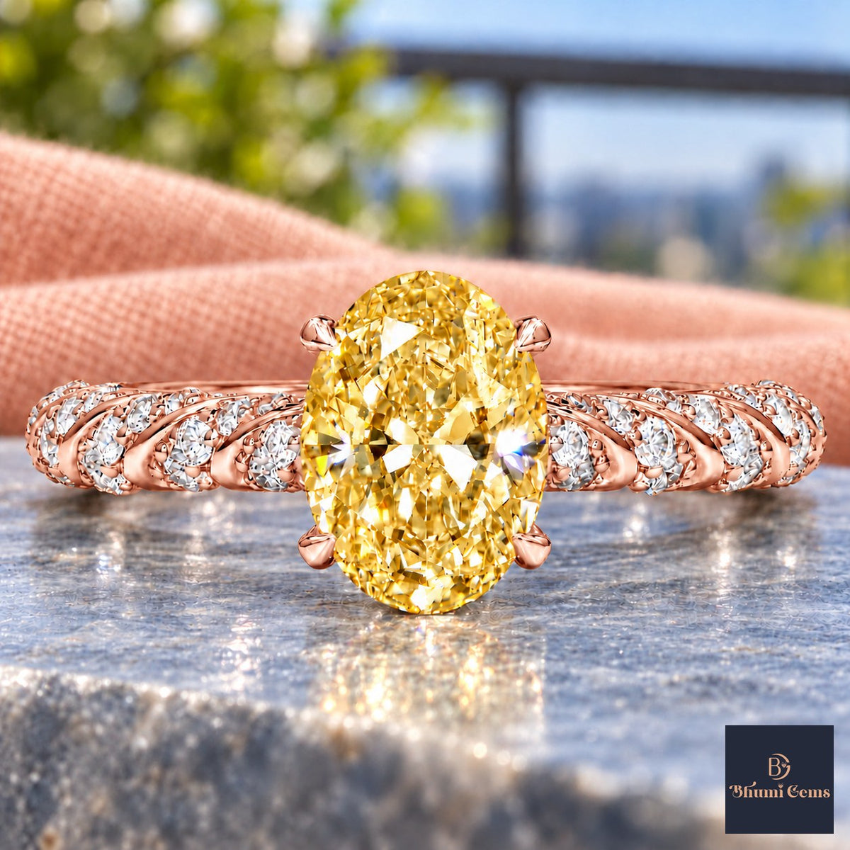 Yellow Oval Cut Lab Grown Diamond Engagement Ring - Twisted Rope Band in rose gold, close-up