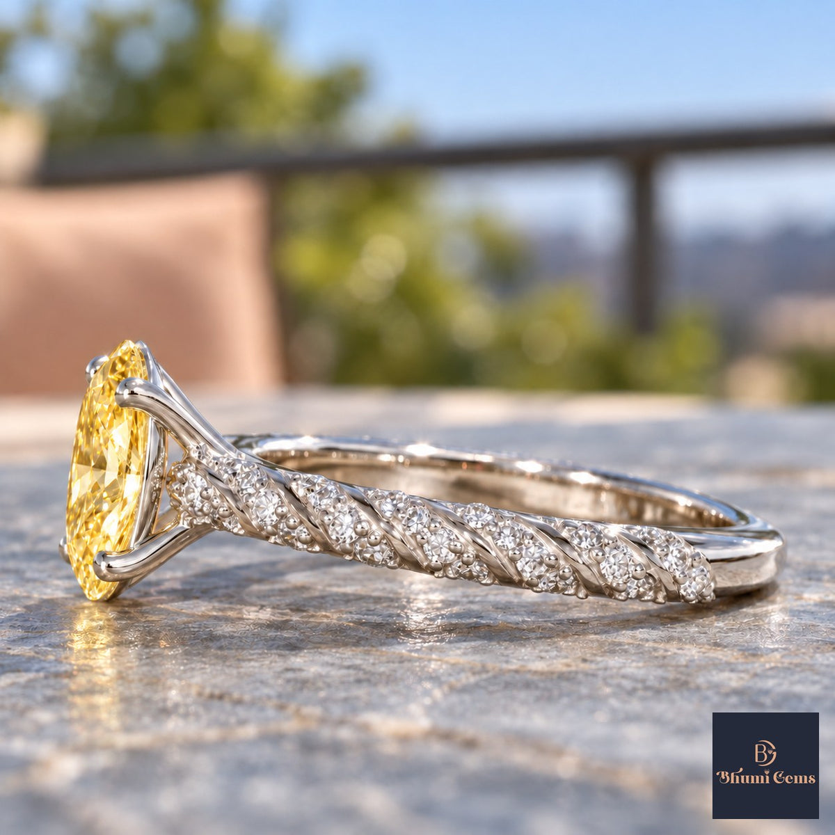 Yellow Oval Cut Lab Grown Diamond Engagement Ring - Twisted Rope Band in white gold, side view