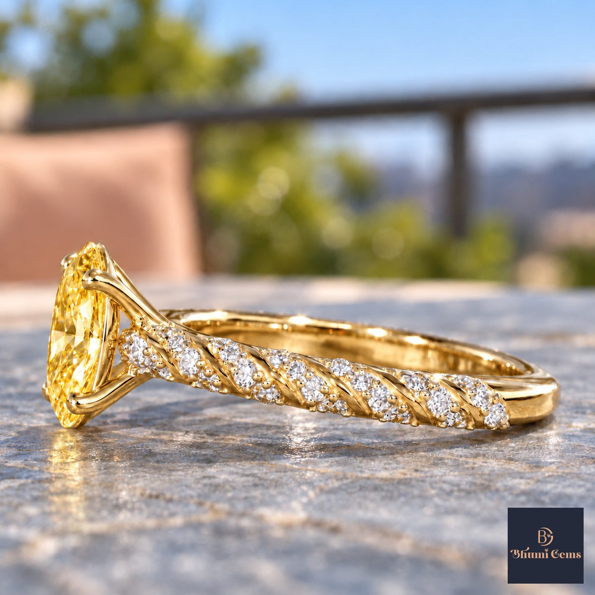Yellow Oval Cut Lab Grown Diamond Engagement Ring - Twisted Rope Band in yellow gold, side view