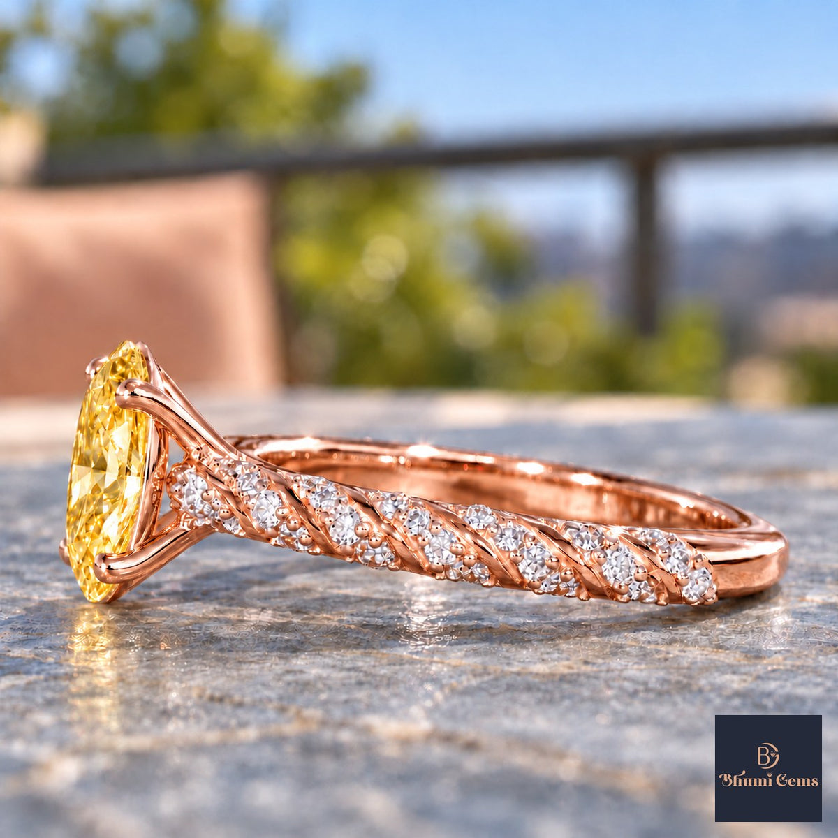 Yellow Oval Cut Lab Grown Diamond Engagement Ring - Twisted Rope Band in rose gold, side view