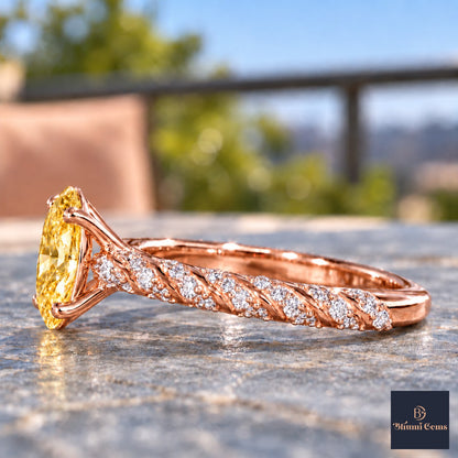 Yellow Oval Cut Lab Grown Diamond Engagement Ring - Twisted Rope Band in rose gold, side view