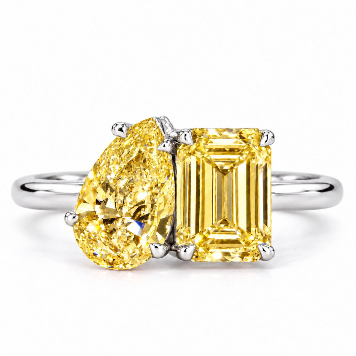 Yellow Pear and Emerald Cut Lab Grown Diamond Engagement Ring - Toi et Moi in white gold, front view