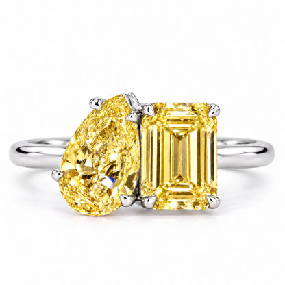 Yellow Pear and Emerald Cut Lab Grown Diamond Engagement Ring - Toi et Moi in white gold, front view