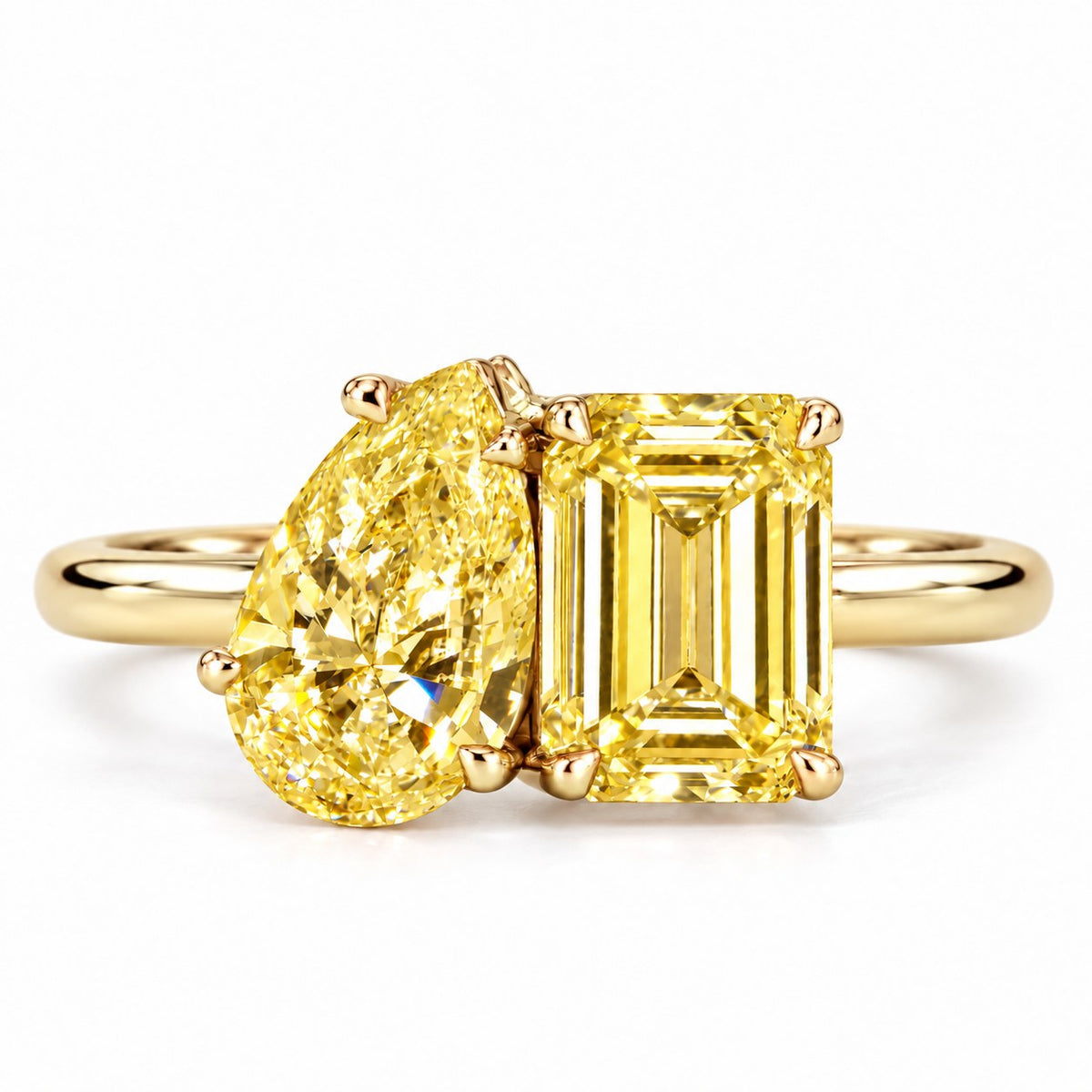 Yellow Pear and Emerald Cut Lab Grown Diamond Engagement Ring - Toi et Moi in yellow gold, front view