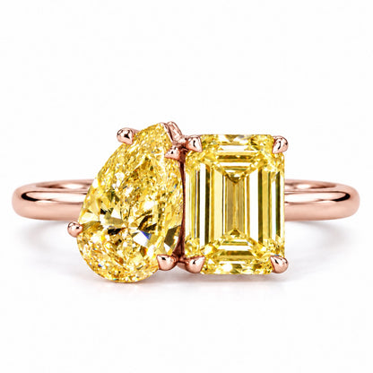 Yellow Pear and Emerald Cut Lab Grown Diamond Engagement Ring - Toi et Moi in rose gold, front view