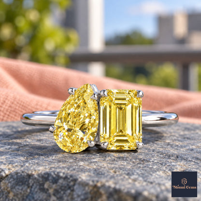 Yellow Pear and Emerald Cut Lab Grown Diamond Engagement Ring - Toi et Moi in white gold, close-up