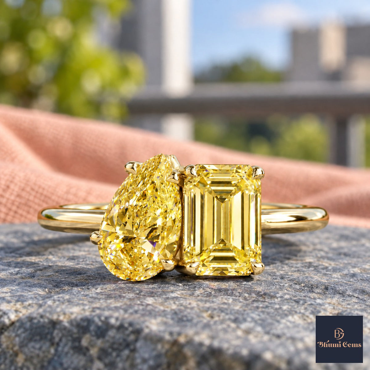 Yellow Pear and Emerald Cut Lab Grown Diamond Engagement Ring - Toi et Moi in yellow gold, close-up