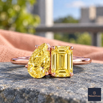 Yellow Pear and Emerald Cut Lab Grown Diamond Engagement Ring - Toi et Moi in rose gold, close-up