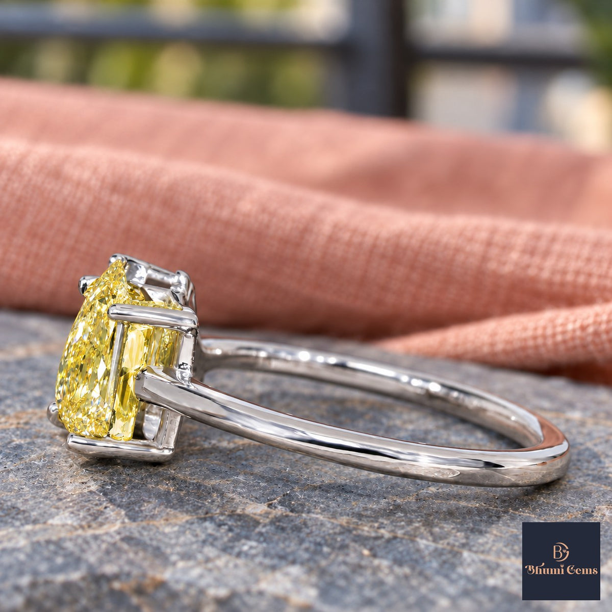 Yellow Pear and Emerald Cut Lab Grown Diamond Engagement Ring - Toi et Moi in white gold, side view