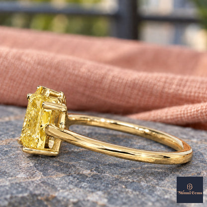 Yellow Pear and Emerald Cut Lab Grown Diamond Engagement Ring - Toi et Moi in yellow gold, side view
