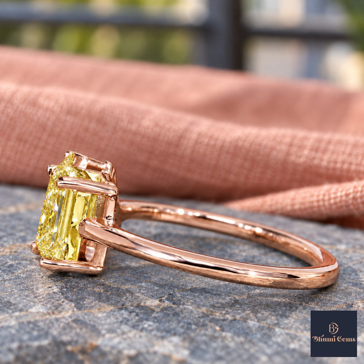 Yellow Pear and Emerald Cut Lab Grown Diamond Engagement Ring - Toi et Moi in rose gold, side view