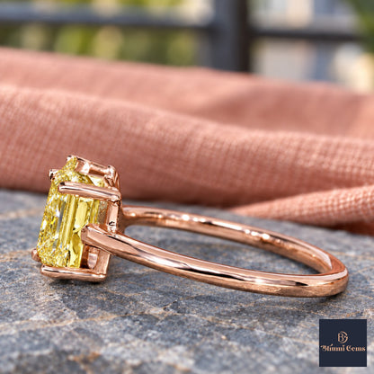 Yellow Pear and Emerald Cut Lab Grown Diamond Engagement Ring - Toi et Moi in rose gold, side view