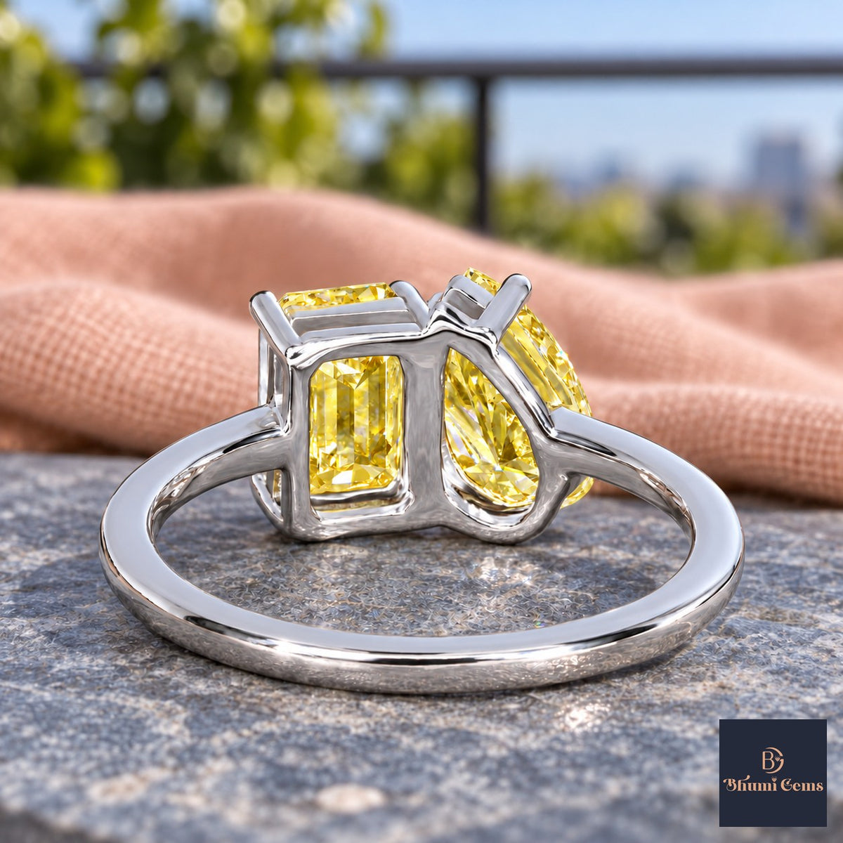 Yellow Pear and Emerald Cut Lab Grown Diamond Engagement Ring - Toi et Moi in white gold, gallery view