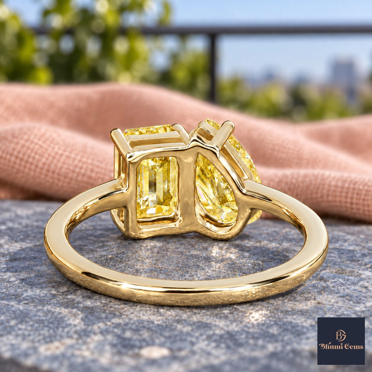 Yellow Pear and Emerald Cut Lab Grown Diamond Engagement Ring - Toi et Moi in yellow gold, gallery view