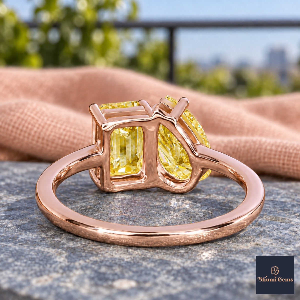 Yellow Pear and Emerald Cut Lab Grown Diamond Engagement Ring - Toi et Moi in rose gold, gallery view
