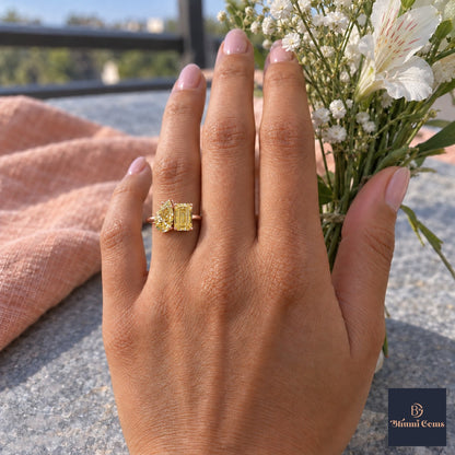 Yellow Pear and Emerald Cut Lab Grown Diamond Engagement Ring - Toi et Moi in rose gold, worn on the hand