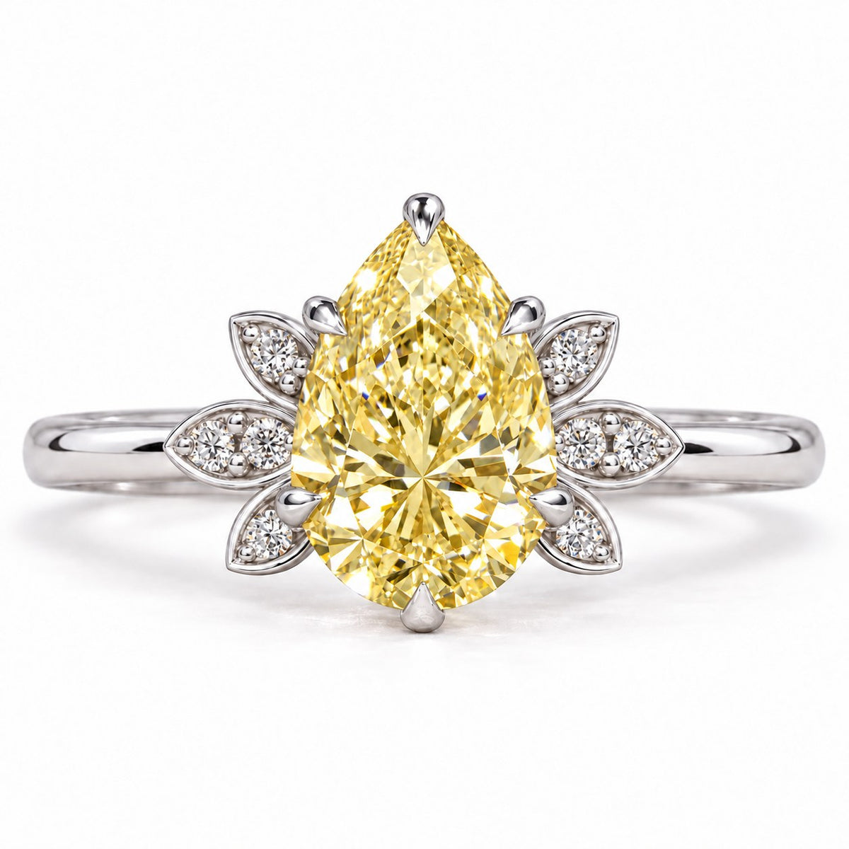 Yellow Pear Cut Lab Grown Diamond Engagement Ring - Floral Leaf Accents in white gold, front view