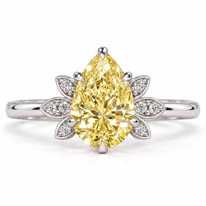 Yellow Pear Cut Lab Grown Diamond Engagement Ring - Floral Leaf Accents in white gold, front view