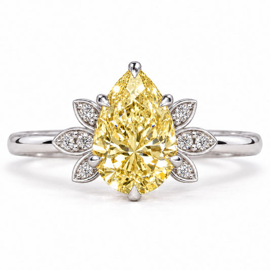 Yellow Pear Cut Lab Grown Diamond Engagement Ring - Floral Leaf Accents in white gold, front view