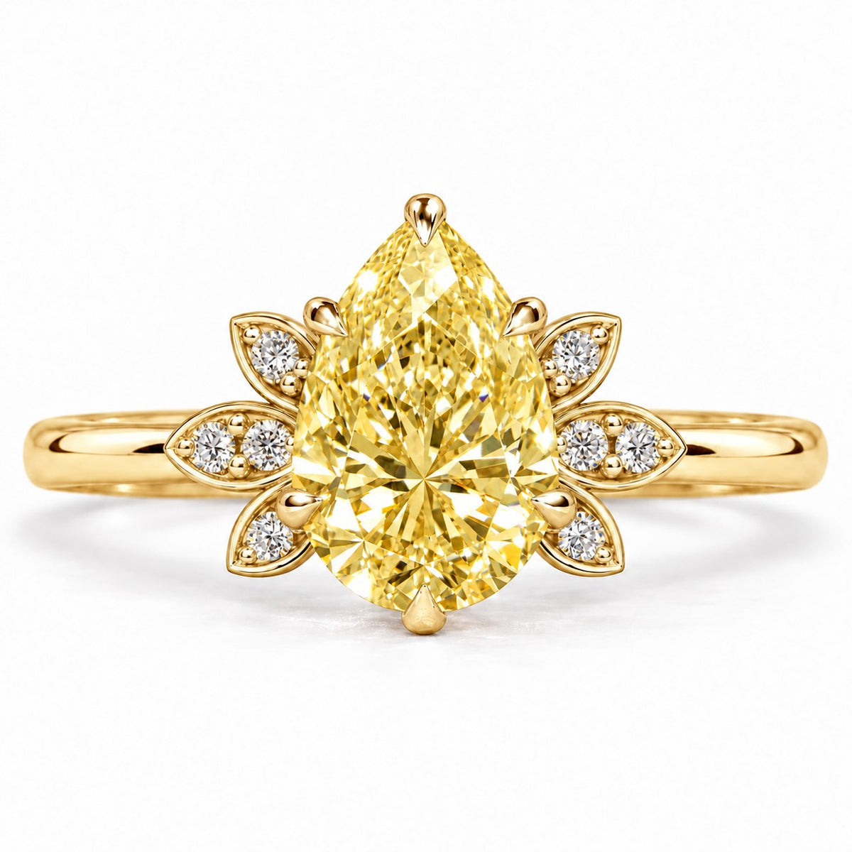 Yellow Pear Cut Lab Grown Diamond Engagement Ring - Floral Leaf Accents in yellow gold, front view