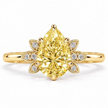 Yellow Pear Cut Lab Grown Diamond Engagement Ring - Floral Leaf Accents in yellow gold, front view