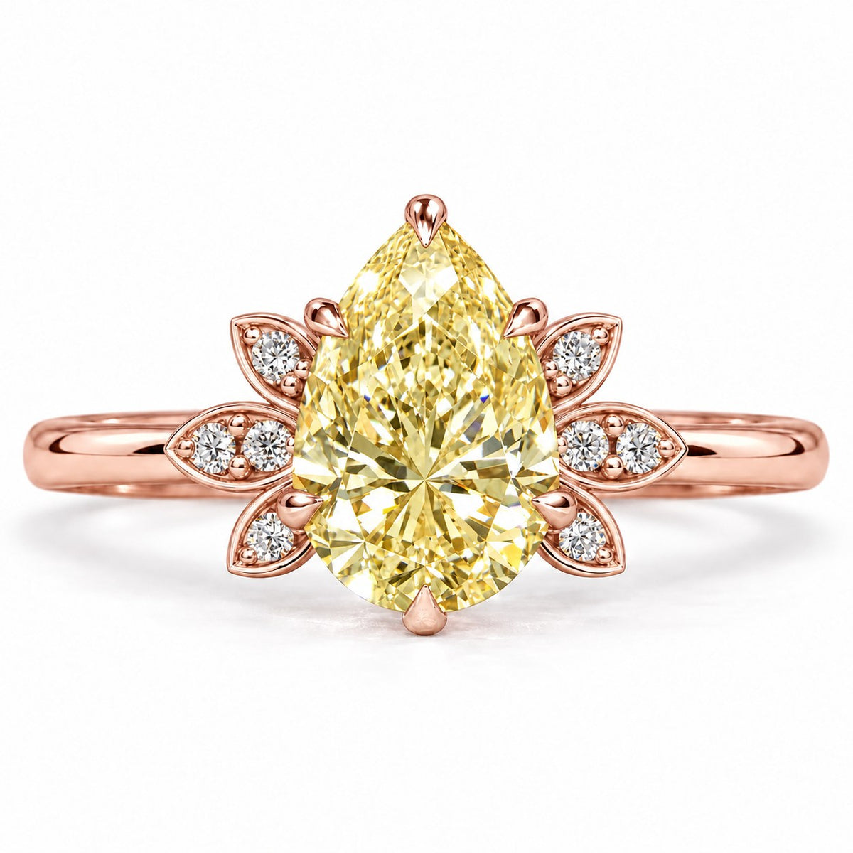 Yellow Pear Cut Lab Grown Diamond Engagement Ring - Floral Leaf Accents in rose gold, front view