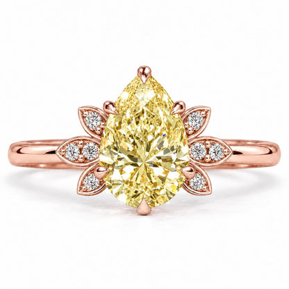 Yellow Pear Cut Lab Grown Diamond Engagement Ring - Floral Leaf Accents in rose gold, front view