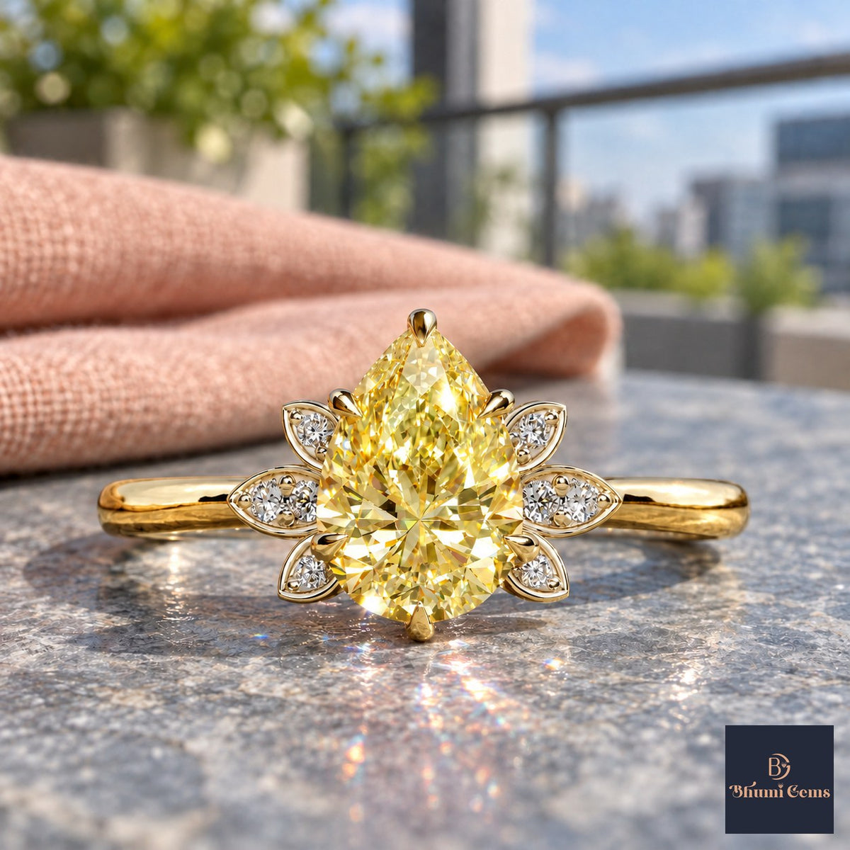 Yellow Pear Cut Lab Grown Diamond Engagement Ring - Floral Leaf Accents in yellow gold, close-up