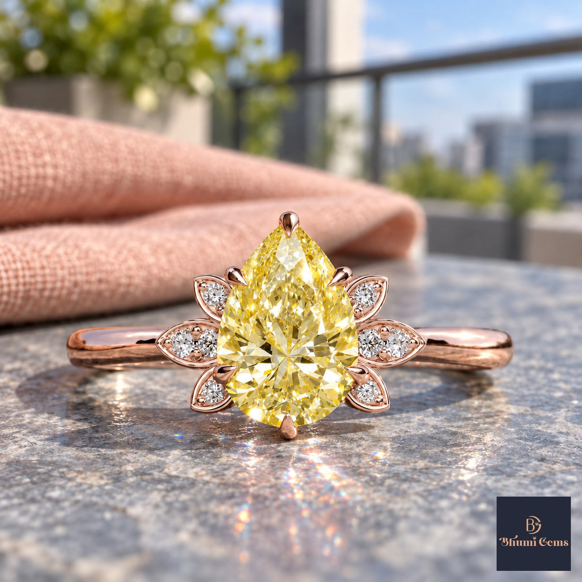 Yellow Pear Cut Lab Grown Diamond Engagement Ring - Floral Leaf Accents in rose gold, close-up
