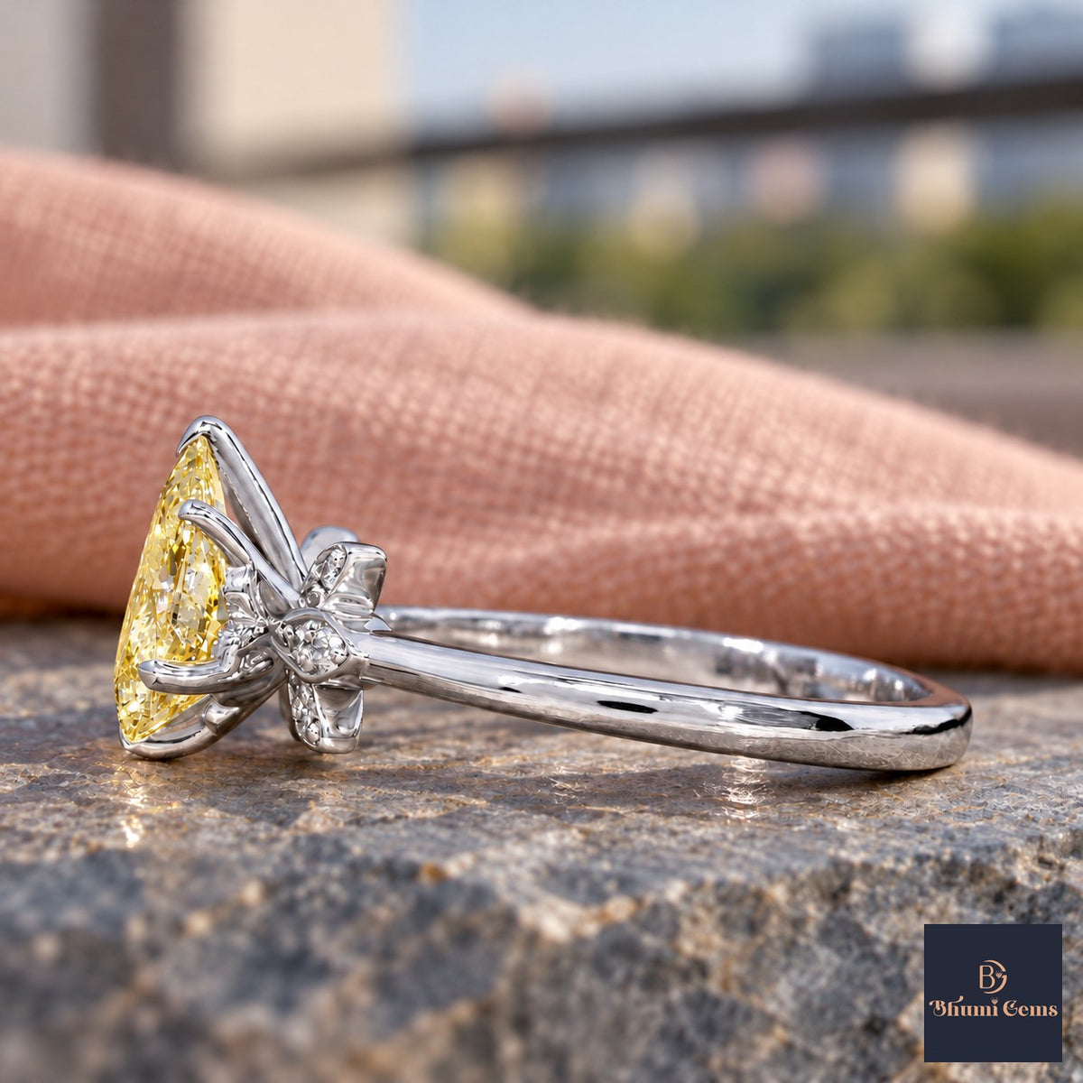 Yellow Pear Cut Lab Grown Diamond Engagement Ring - Floral Leaf Accents in white gold, side view
