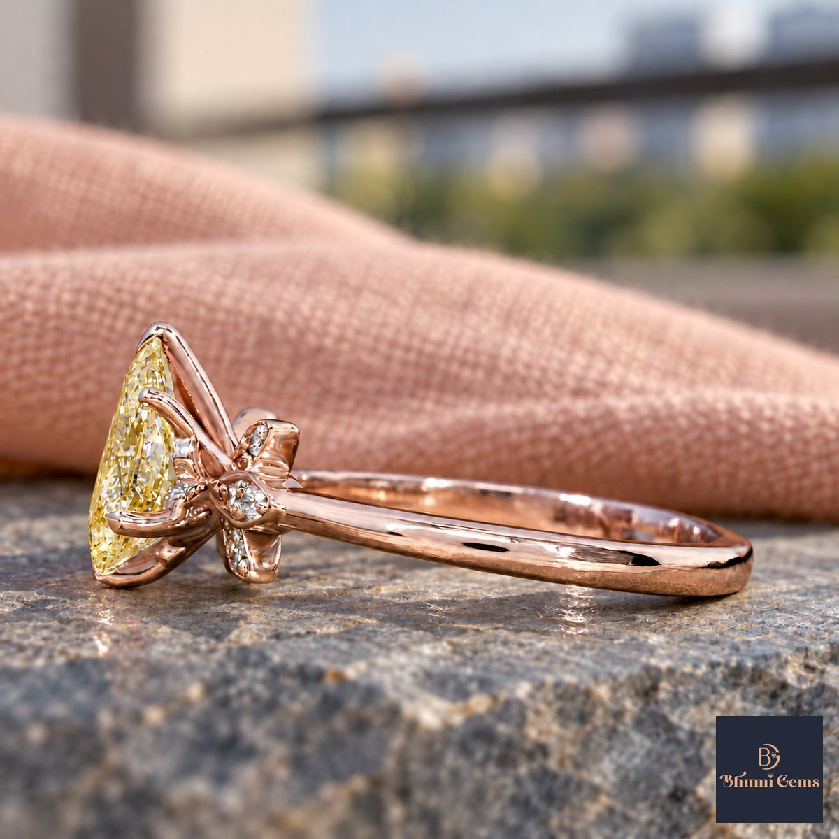 Yellow Pear Cut Lab Grown Diamond Engagement Ring - Floral Leaf Accents in rose gold, side view