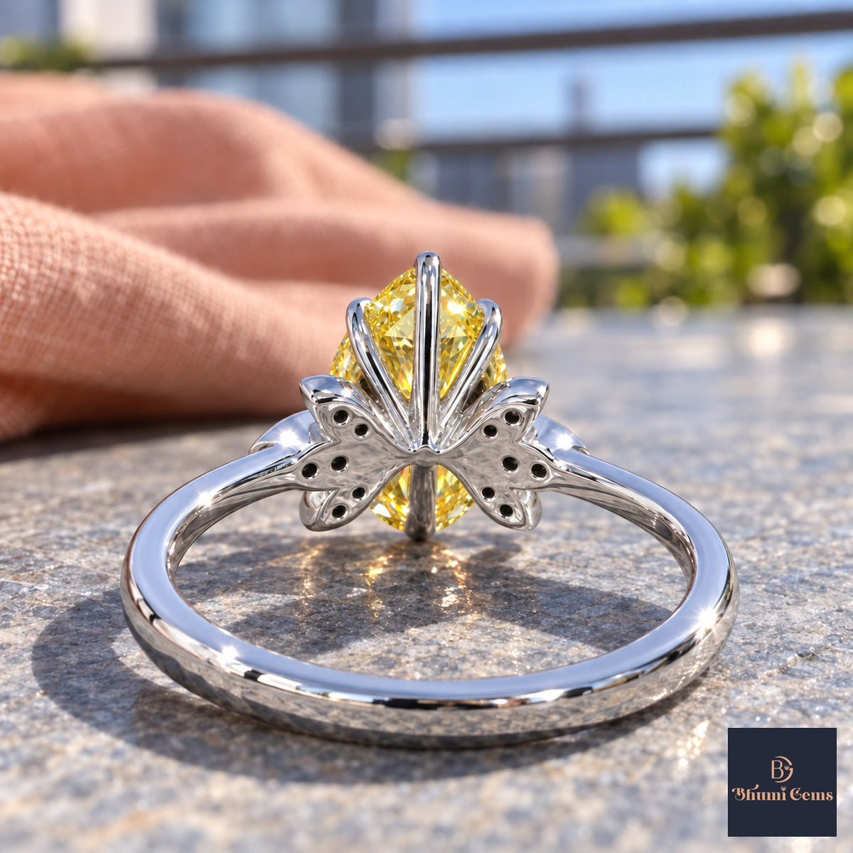 Yellow Pear Cut Lab Grown Diamond Engagement Ring - Floral Leaf Accents in white gold, gallery view