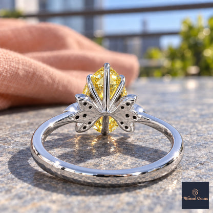 Yellow Pear Cut Lab Grown Diamond Engagement Ring - Floral Leaf Accents in white gold, gallery view