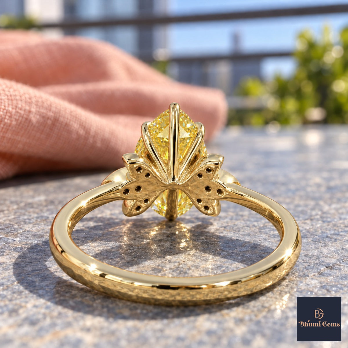 Yellow Pear Cut Lab Grown Diamond Engagement Ring - Floral Leaf Accents in yellow gold, gallery view